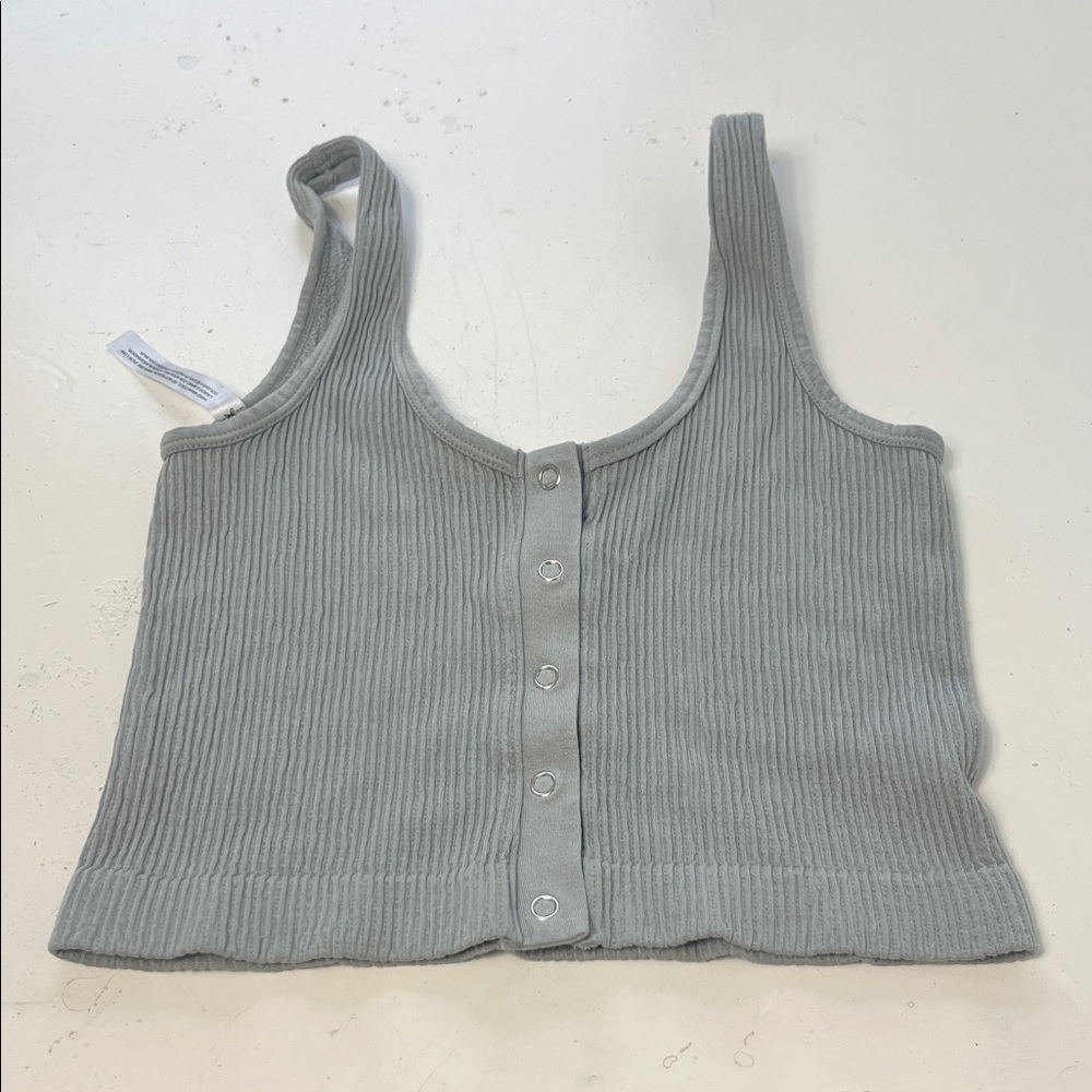 Love Tree Small Slate Blue Stretchy Cropped Button Up Tank Top
